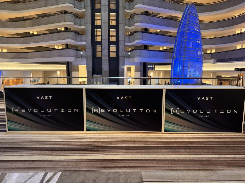 Branded registration counters ready for Indiana Convention Center furniture delivery and booth setup