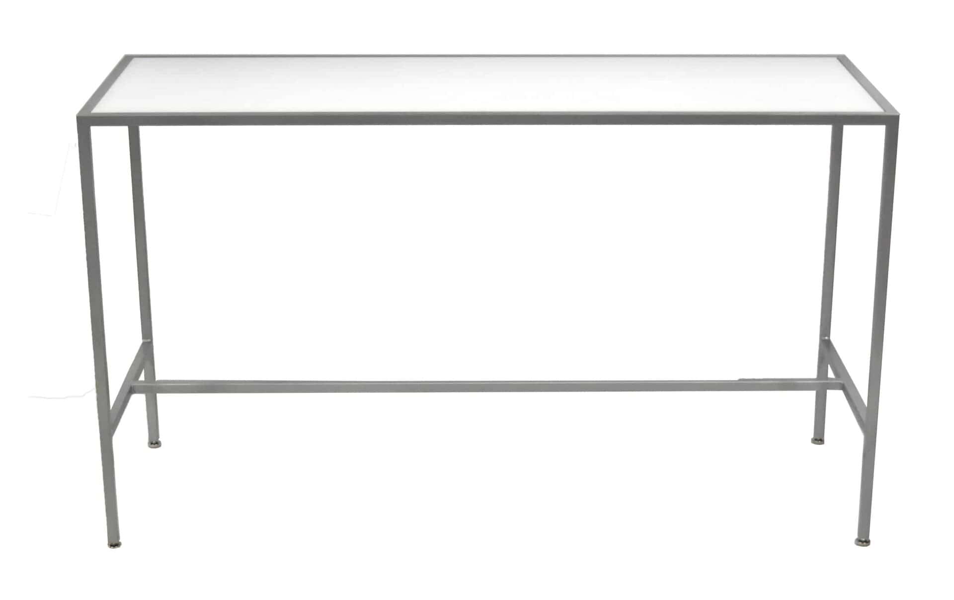 Bali Silver Communal Bar Table rental in Indianapolis, silver-frame table, close view of the white top edge