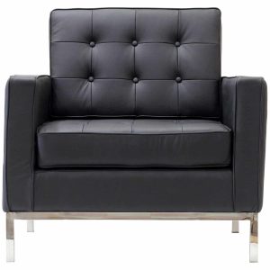 City Loft Black Chair rental in Indianapolis, button-tufted black armchair on a chrome frame