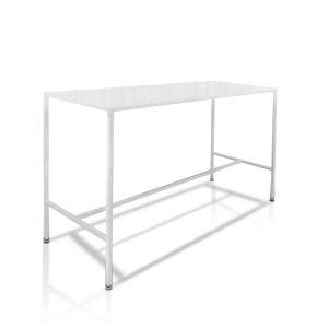 Bali White Communal Bar Table rental in Indianapolis, six-foot white-frame standing table