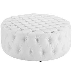 Large round button-tufted white leather ottoman for corporate event lounges
