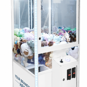 White branded claw machine loaded with prizes for trade show booth engagement