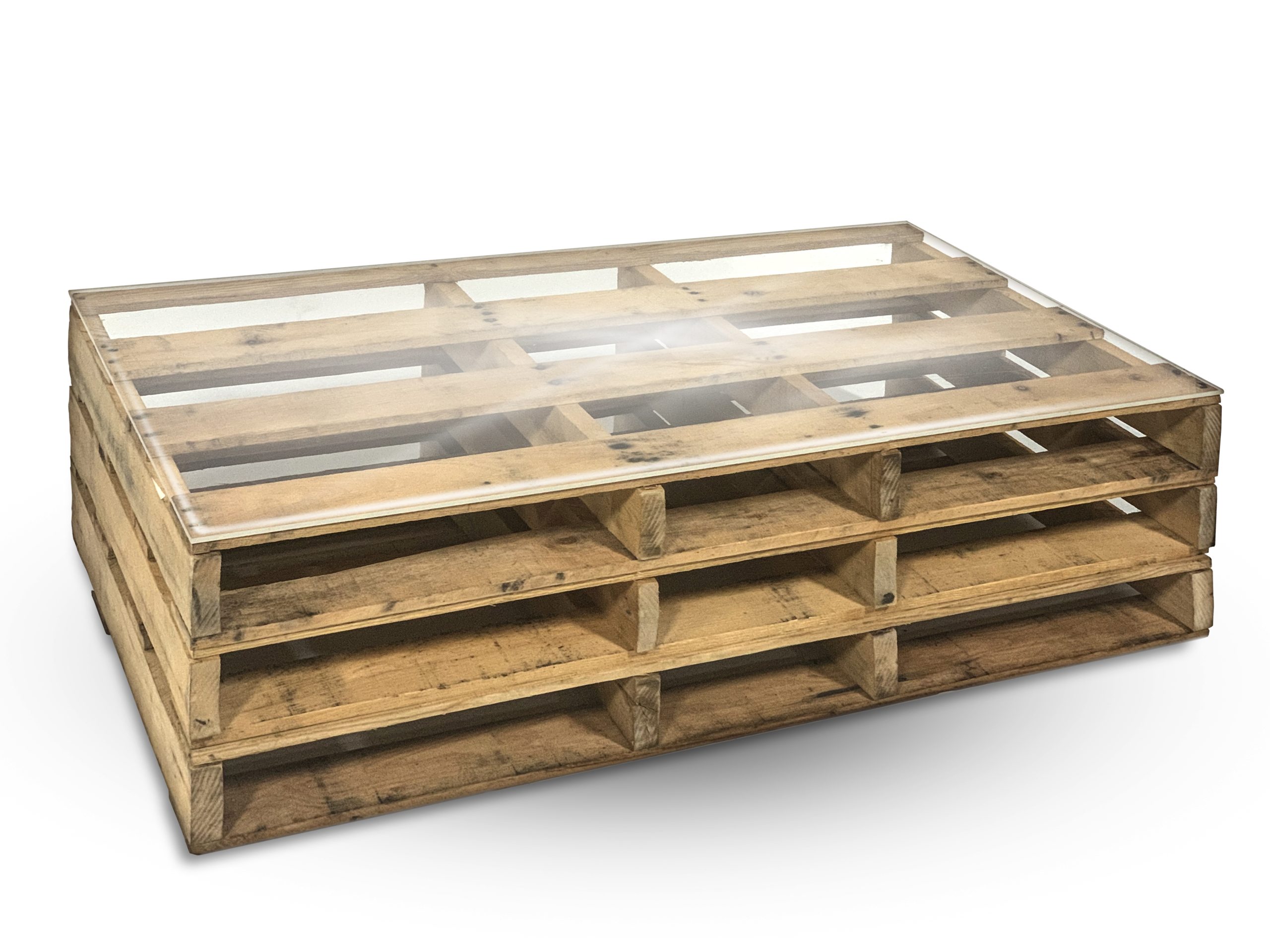 Stacked reclaimed pallet coffee table with tempered glass top shown from the side