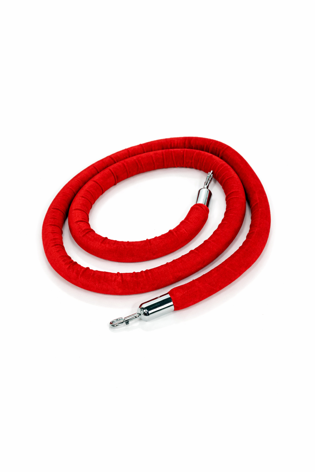 Red velour stanchion rope with chrome ends for event queue control