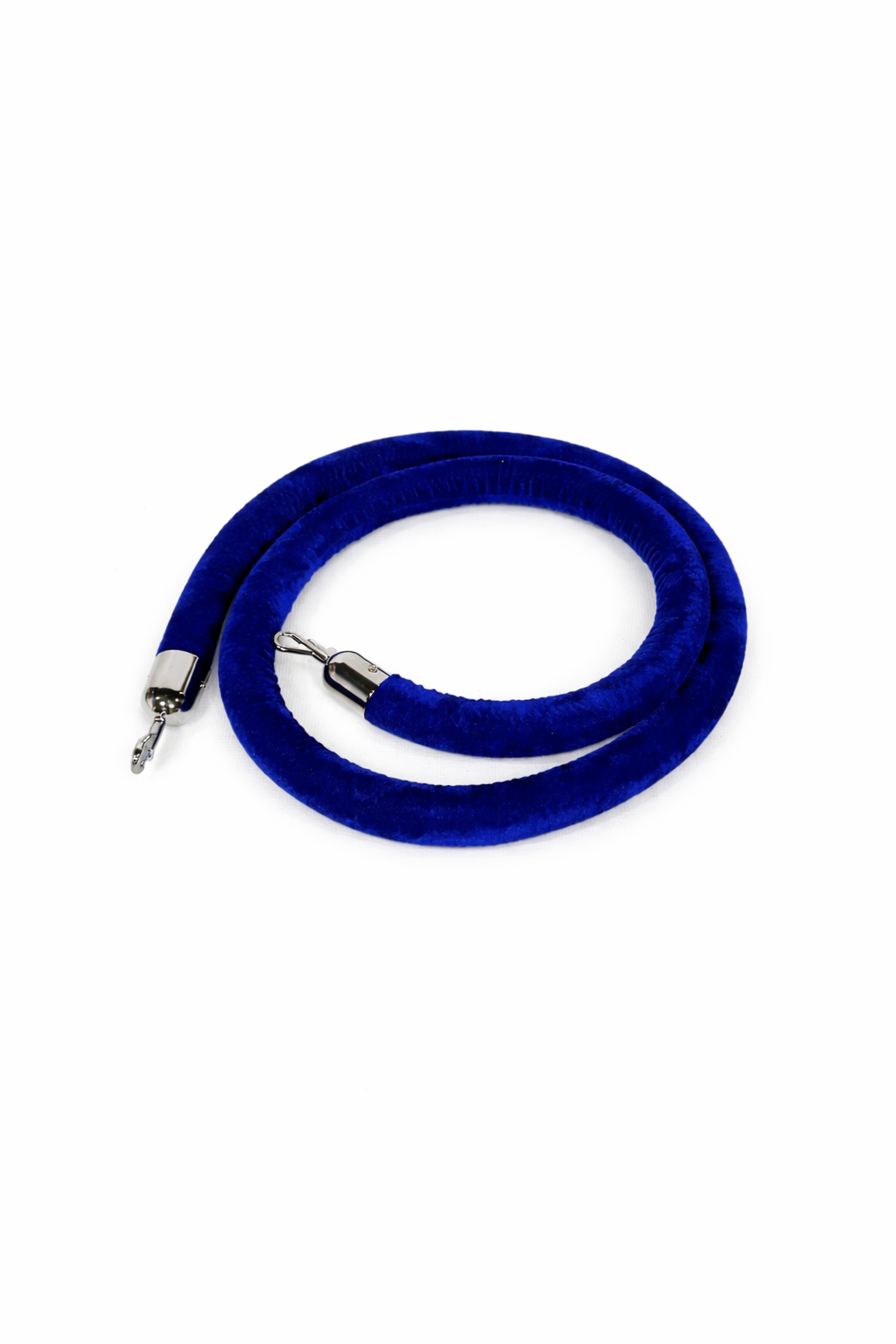 Blue velour stanchion rope with chrome ends for event queue control