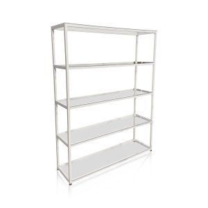 White framed five-tier glass display shelf for event back bars and product display